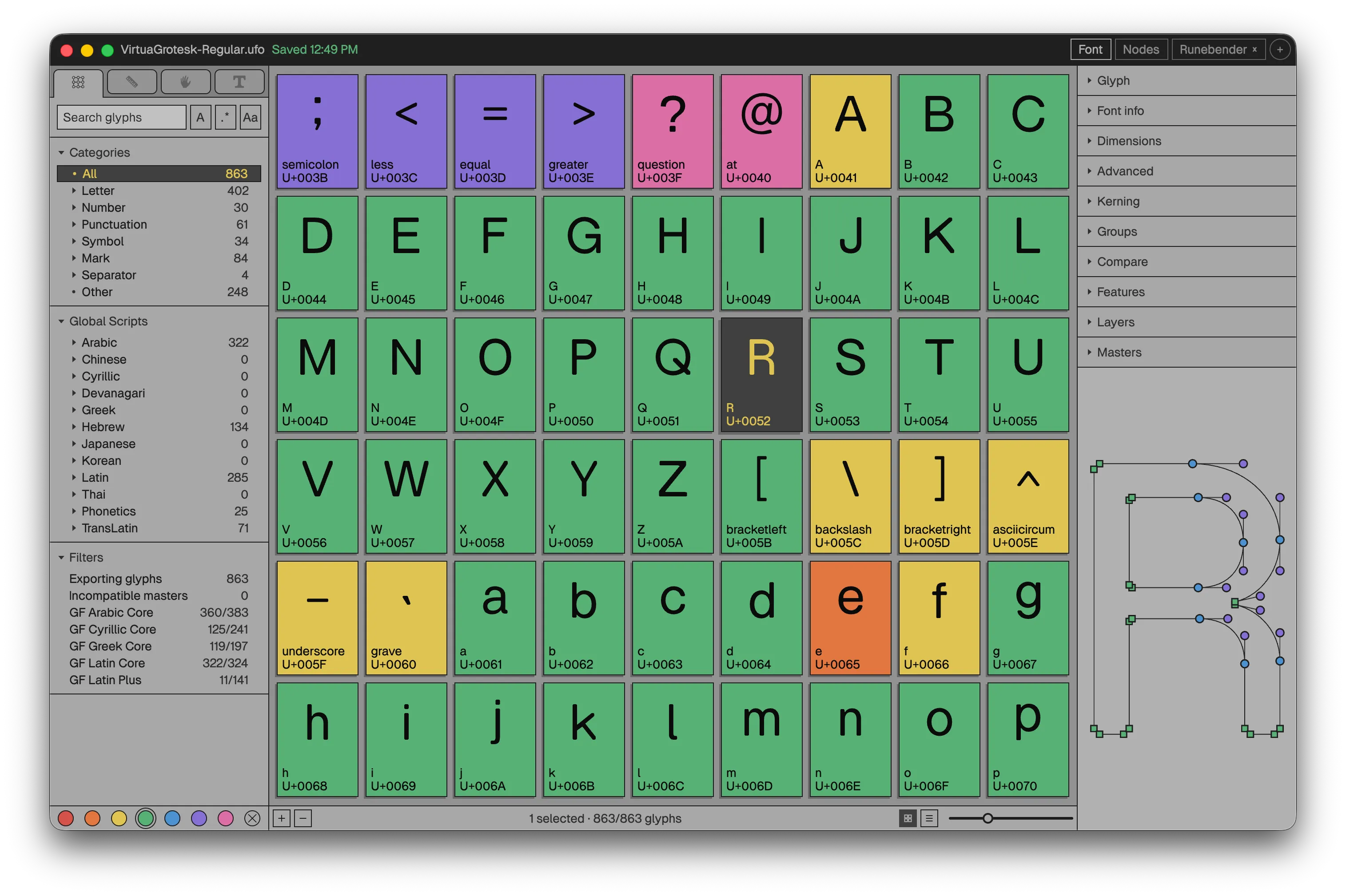Runebender showing the Virtua Grotesk glyph grid