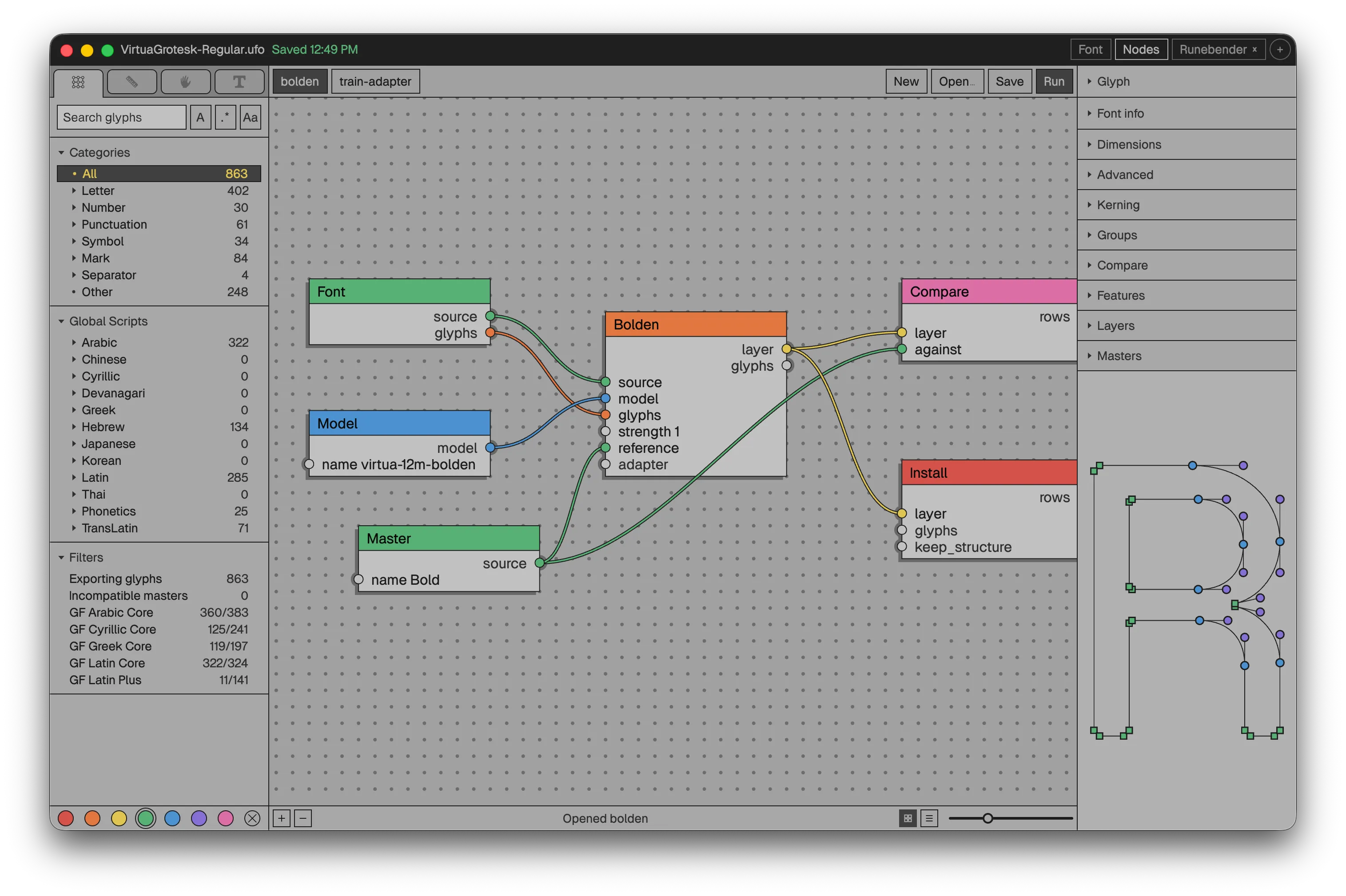 Runebender showing a node workflow: a model boldening a master, compared and installed