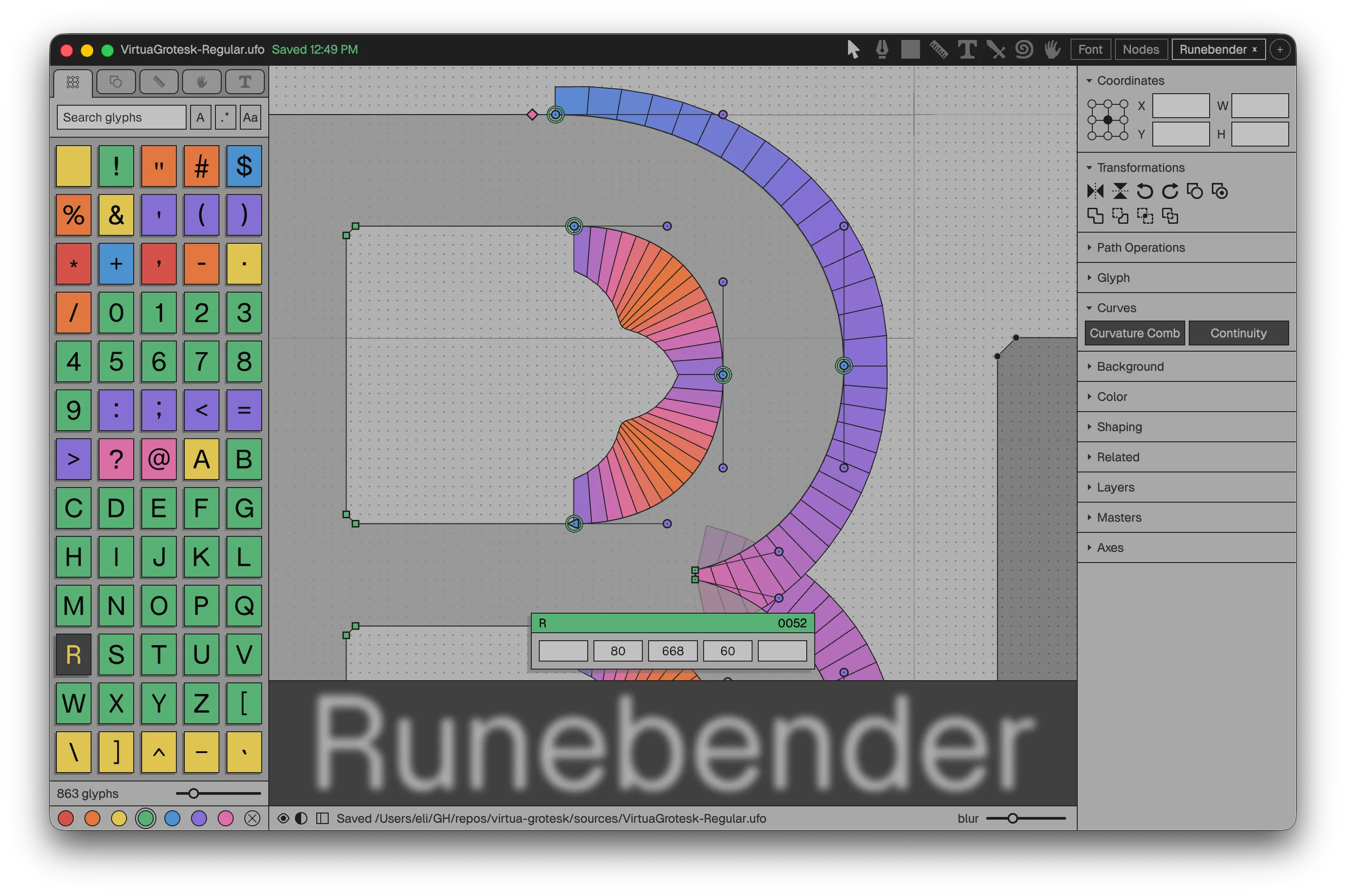 Runebender editing an outlined letter R with curvature combs and continuity markers