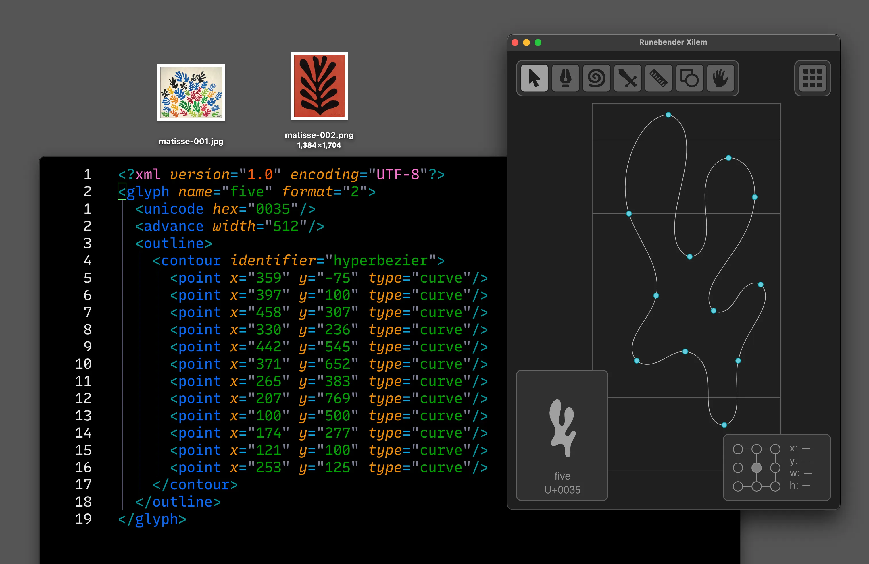 Runebender Xilem editor screenshot showing a glyph editing workspace