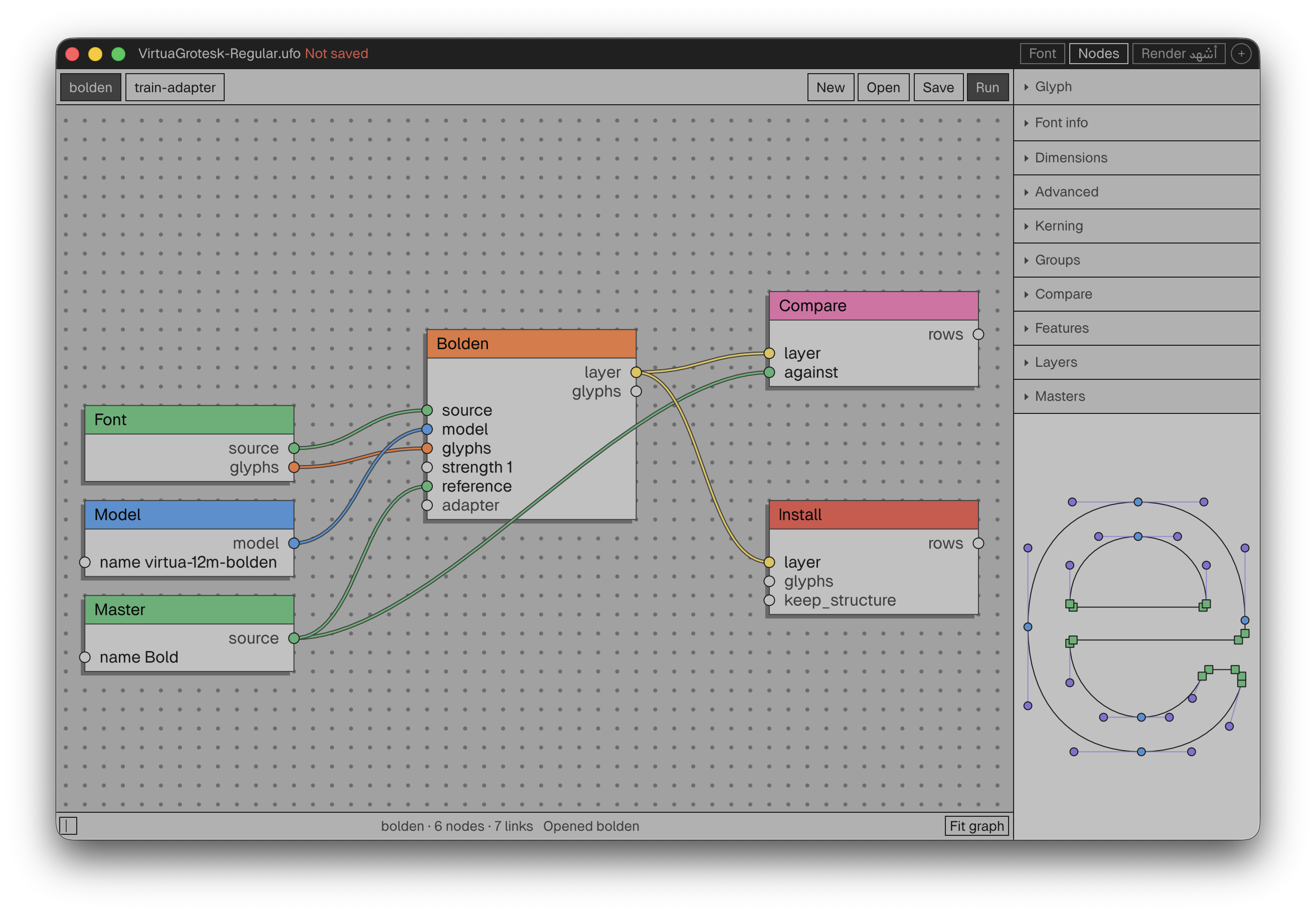 Runebender showing a node workflow: a model boldening a master, compared and installed